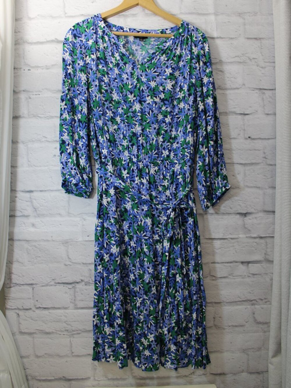 Talbots Petite 10P Bold Blue Floral Longsleeve Elastic Tie Waist Casual Dress